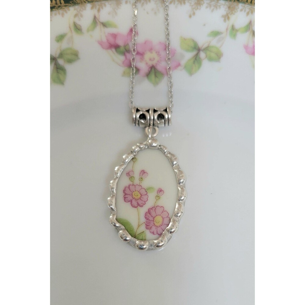 Vintage Broken China Pendant Necklace Pink Floral Handcrafted Upcycled